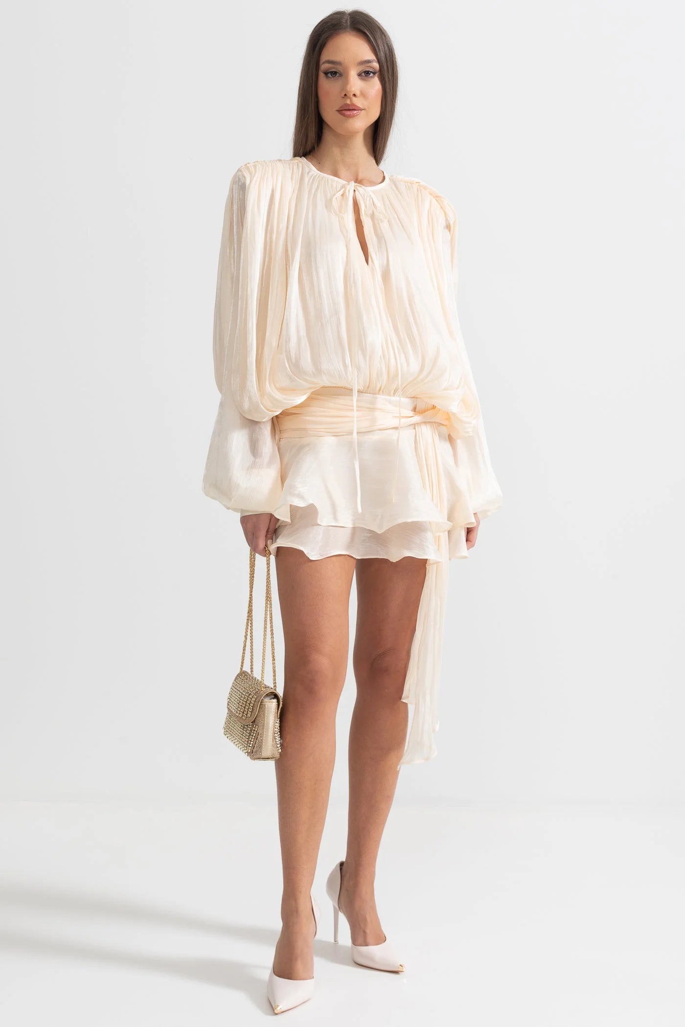 Ivory Dress with Long Draped Sleeves, Mini Skirt, and Ruffled Waistband